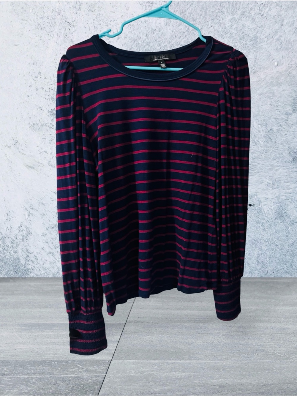 White House Black Market Navy and Pink Striped Long-Sleeve Top